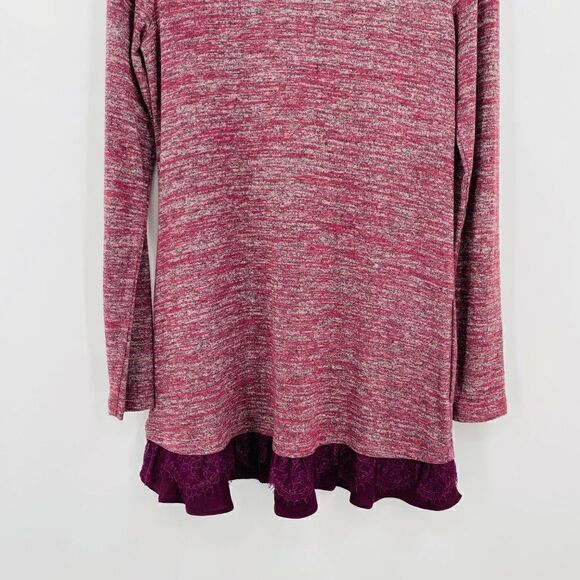 LOGO Lori Goldstein Size XS Burgundy Spacedye Lace Trim Long Sleeve Tunic Top - Picture 8 of 9